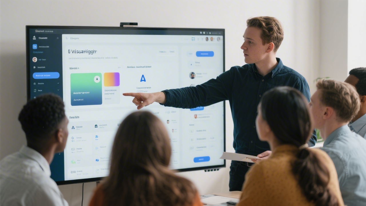 Designer reviewing interface screens on a large monitor, pointing to visual hierarchy and accessibility adjustments with a group of learners.