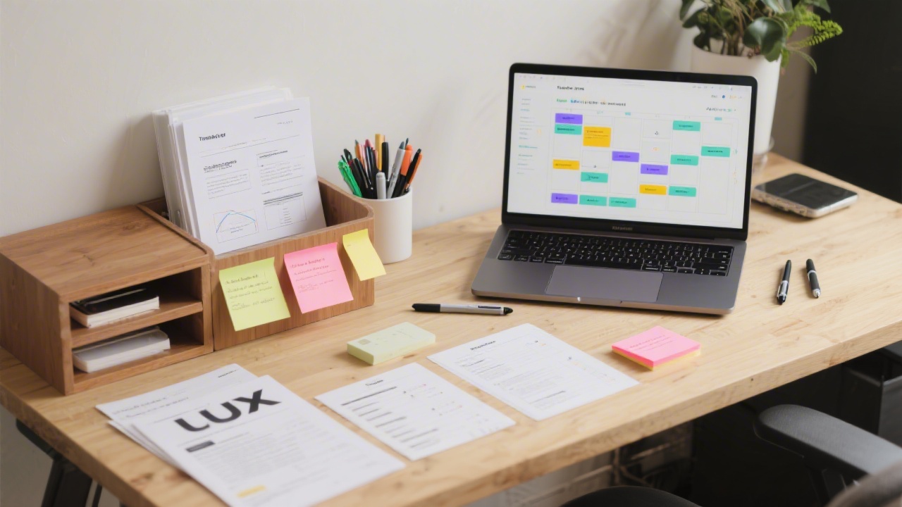 Neatly organised UX toolkit on a desk with research templates, pens, sticky notes, and a laptop showing a structured analysis board.