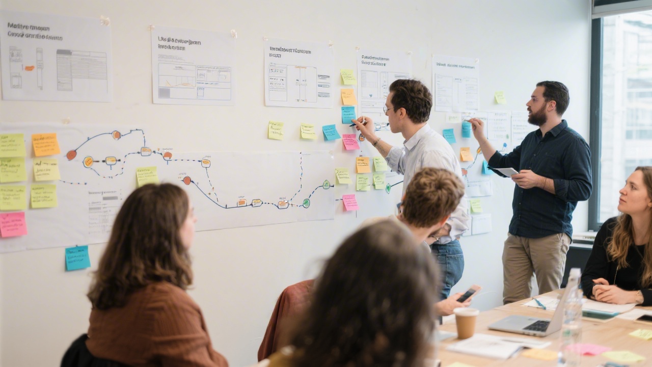 Facilitated workshop session where participants are mapping user journeys on a wall with sticky notes and large paper templates.